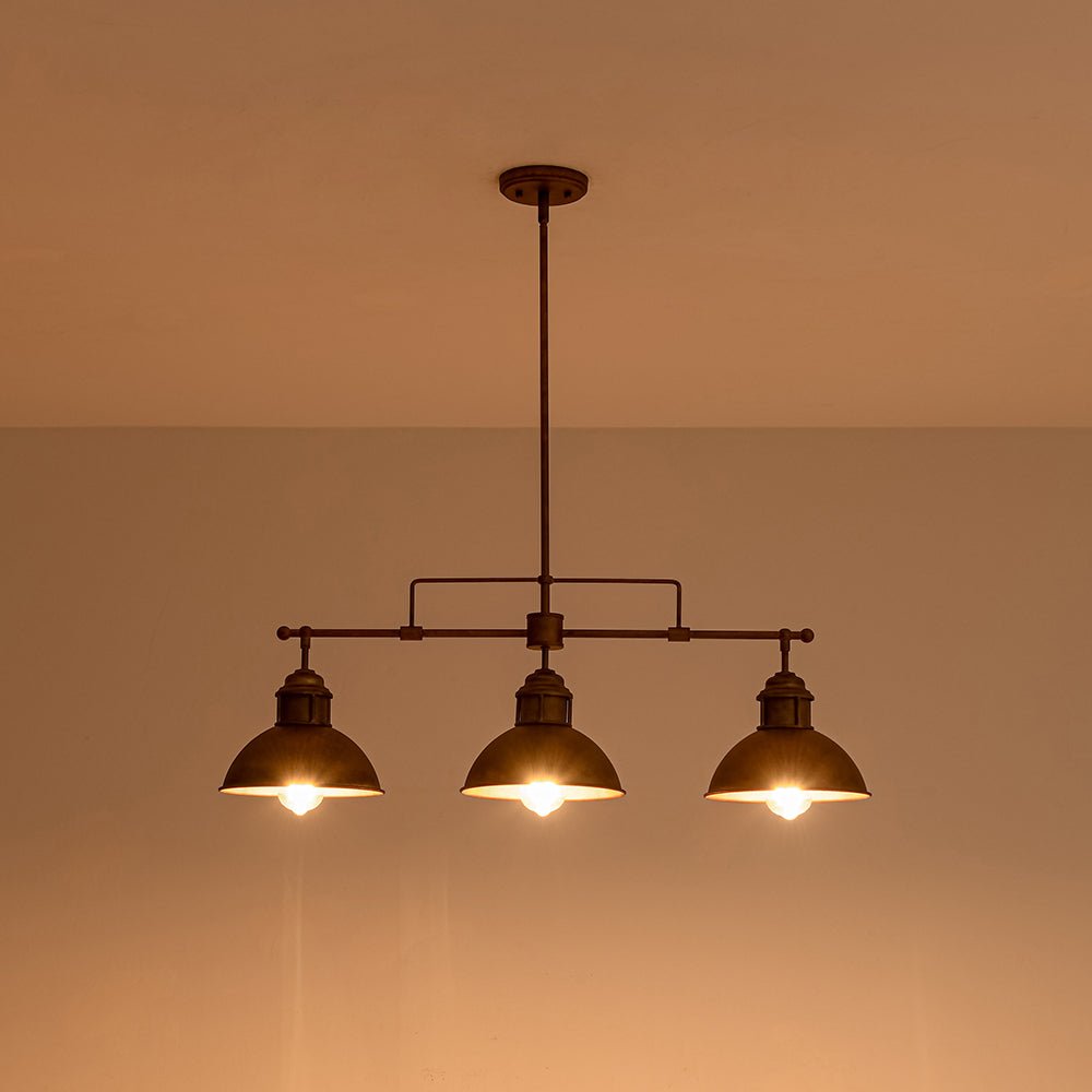 Industrial Kitchen Island Chandelier with Adjustable Drop Rods & Three Dome Shades for Dining Room Hardwired Ceiling Fixture