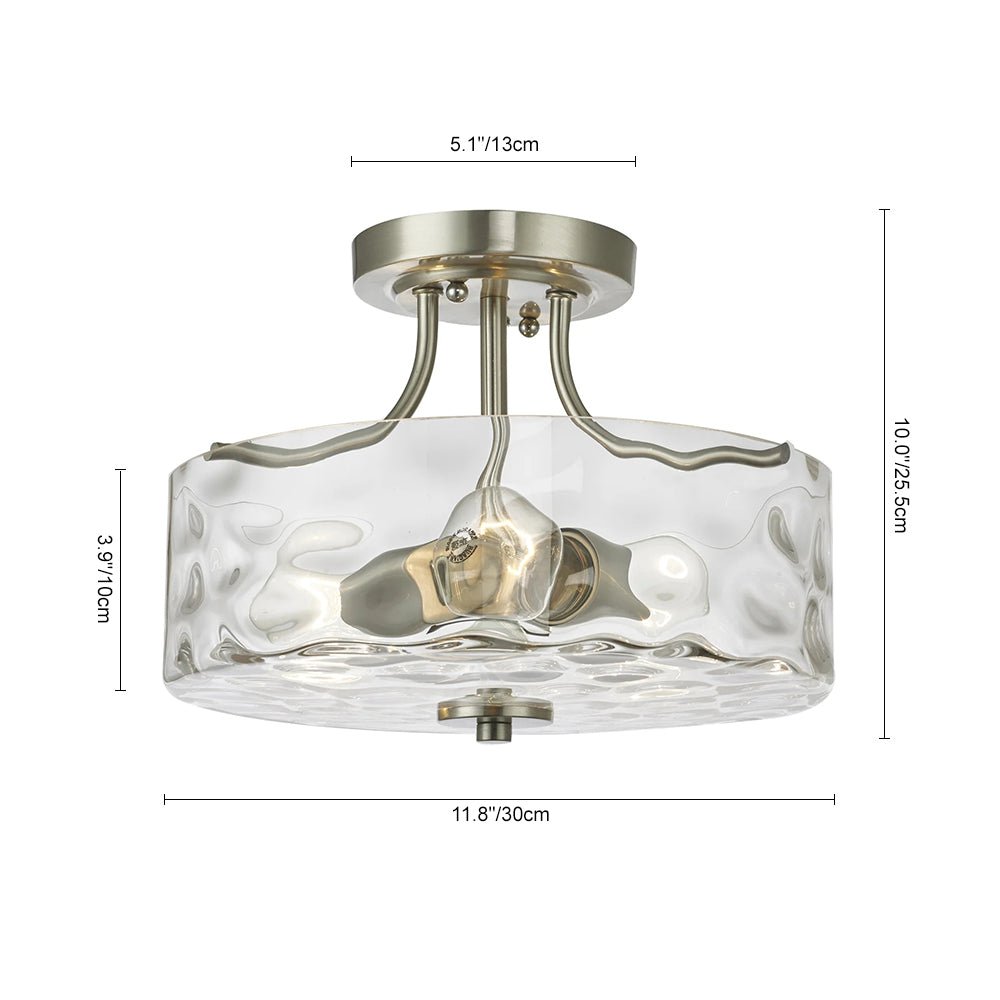 Drum Ceiling Light Fixture Textured Glass Brushed Nickel 12 Inch Semi-Flush Mount for Kitchen Bedroom Hallway Bathroom Two-Bulb Overhead Lig