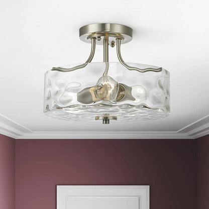 Drum Ceiling Light Fixture Textured Glass Brushed Nickel 12 Inch Semi-Flush Mount for Kitchen Bedroom Hallway Bathroom Two-Bulb Overhead Lig