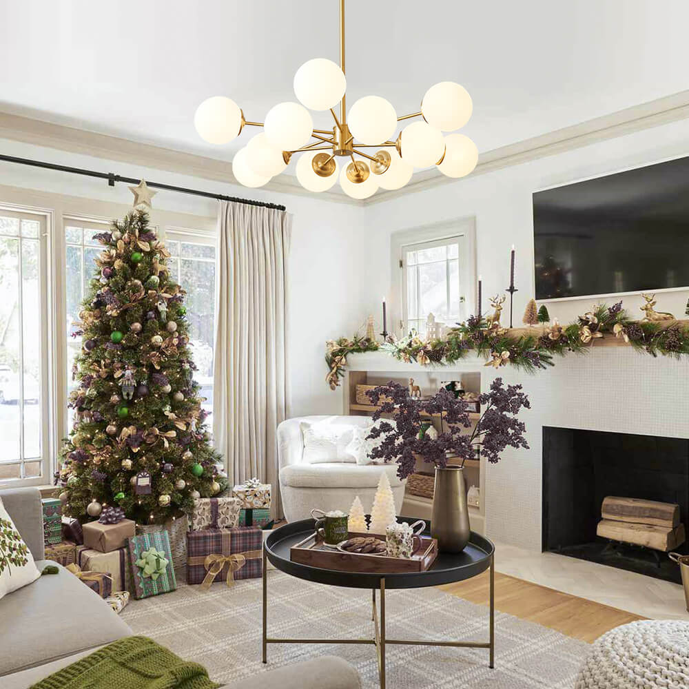 12-Light Mid-Century Ceiling Fixture with Frosted Glass Spheres & Golden Metal Arms for Dining Room, Foyer, Bedroom