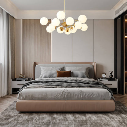 12-Light Mid-Century Ceiling Fixture with Frosted Glass Spheres & Golden Metal Arms for Dining Room, Foyer, Bedroom