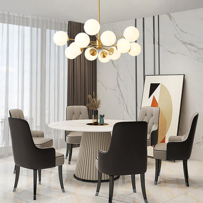 12-Light Mid-Century Ceiling Fixture with Frosted Glass Spheres & Golden Metal Arms for Dining Room, Foyer, Bedroom