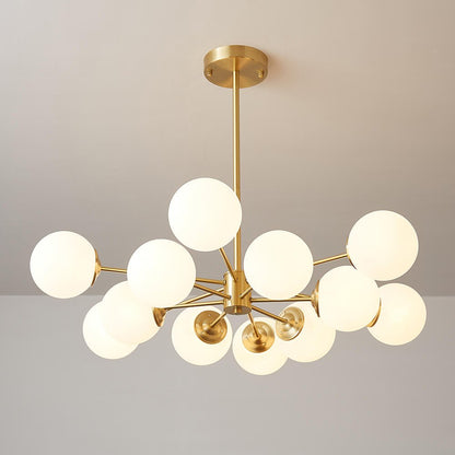 12-Light Mid-Century Ceiling Fixture with Frosted Glass Spheres & Golden Metal Arms for Dining Room, Foyer, Bedroom