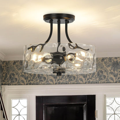 Textured Glass Semi-Flush Ceiling Light 12 Inch Round Drum for Bedrooms Bathrooms Hallways Entryways Compact Spaces Two Bulb Metal Frame Mod