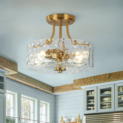 Textured Glass Semi-Flush Ceiling Light 12 Inch Round Drum for Bedrooms Bathrooms Hallways Entryways Compact Spaces Two Bulb Metal Frame Mod