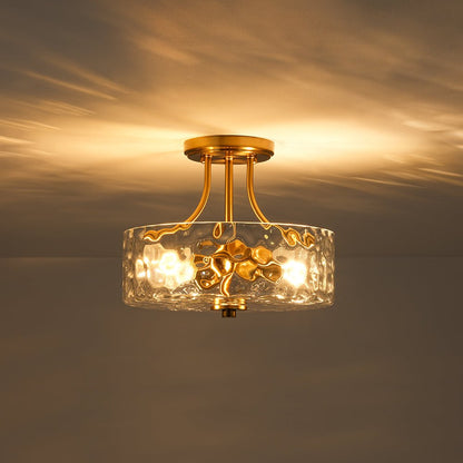 Textured Glass Semi-Flush Ceiling Light 12 Inch Round Drum for Bedrooms Bathrooms Hallways Entryways Compact Spaces Two Bulb Metal Frame Mod