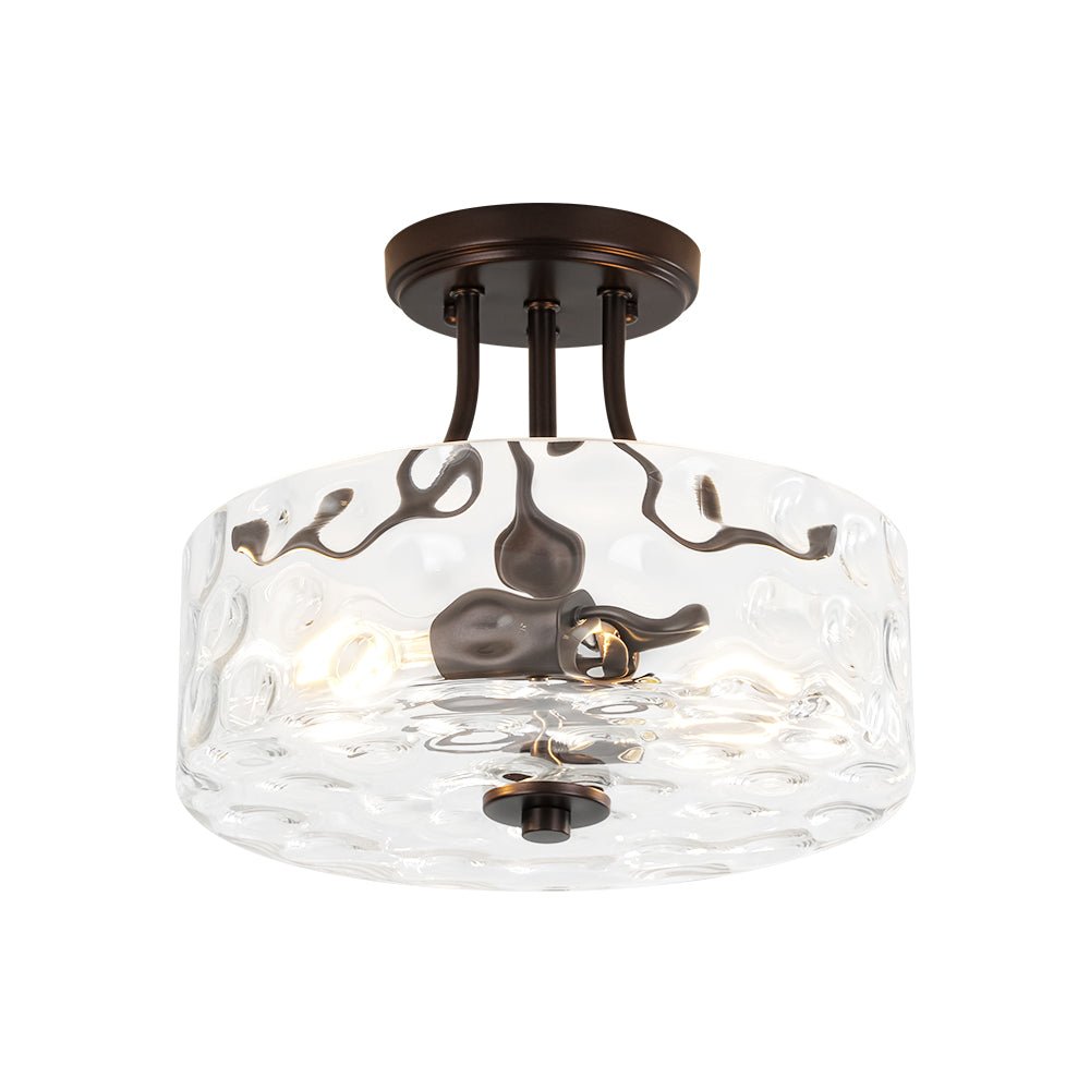 Textured Glass Semi-Flush Ceiling Light 12 Inch Round Drum for Bedrooms Bathrooms Hallways Entryways Compact Spaces Two Bulb Metal Frame Mod