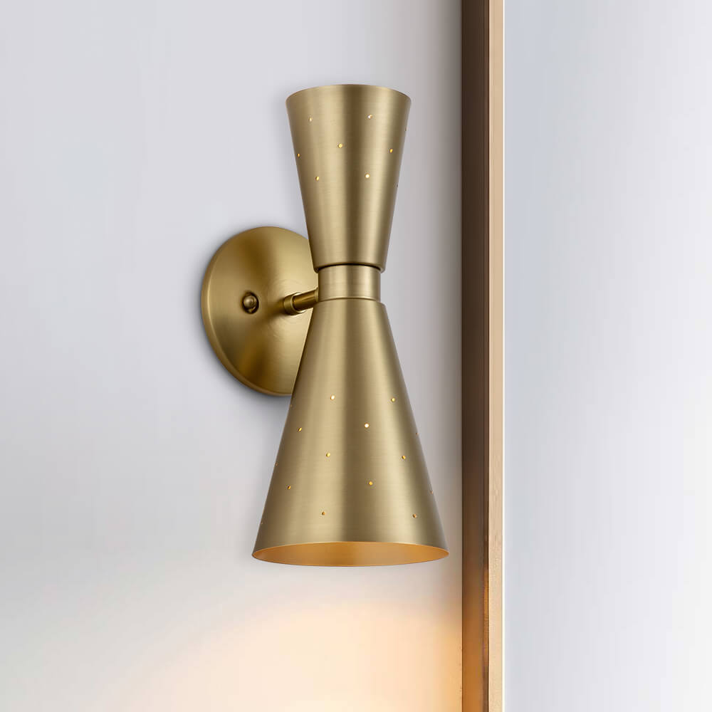 Perforated Metal Wall Light Fixture Dual Cone Sconce Brass Nickel Hardwired Uplight Downlight Bedroom Bathroom Hallway Entryway Ambient