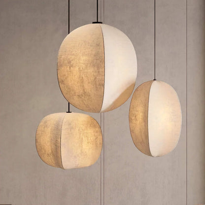 Fabric Globe Pendant Light Set for Kitchen Island Dining Room in Natural Beige Linen 12W LED Warm White Sphere Hanging Fixture Coastal Boho