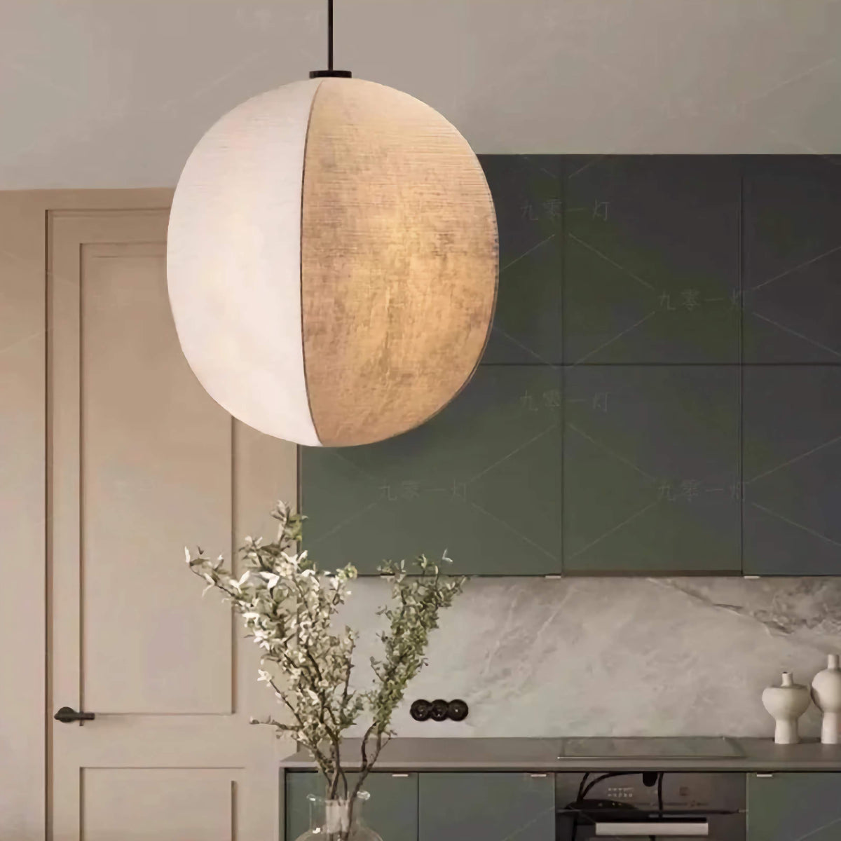 Fabric Globe Pendant Light Set for Kitchen Island Dining Room in Natural Beige Linen 12W LED Warm White Sphere Hanging Fixture Coastal Boho