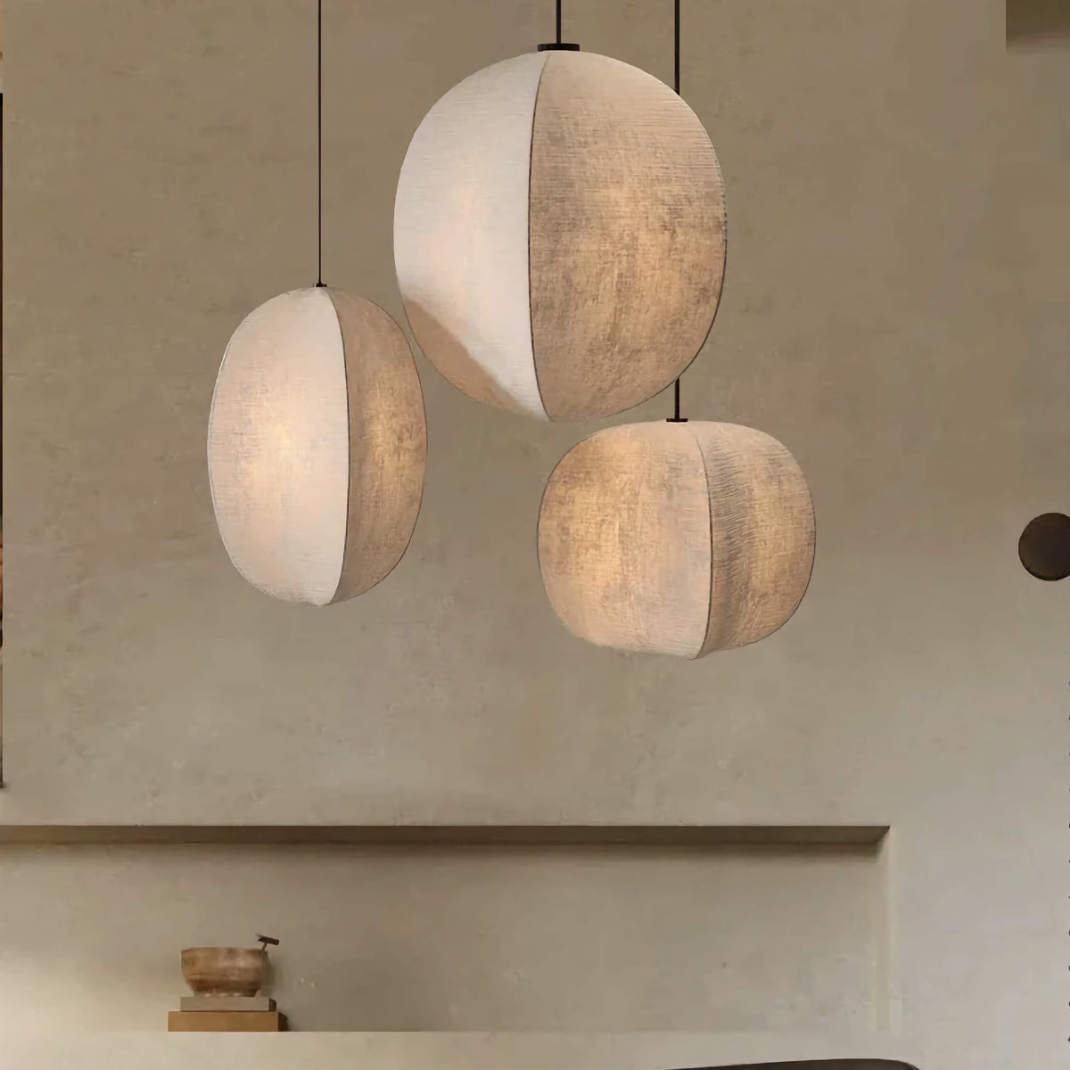 Fabric Globe Pendant Light Set for Kitchen Island Dining Room in Natural Beige Linen 12W LED Warm White Sphere Hanging Fixture Coastal Boho