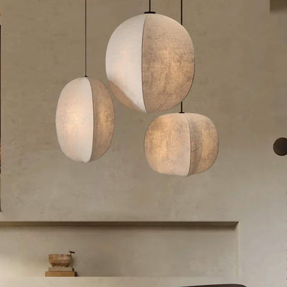 Fabric Globe Pendant Light Set for Kitchen Island Dining Room in Natural Beige Linen 12W LED Warm White Sphere Hanging Fixture Coastal Boho