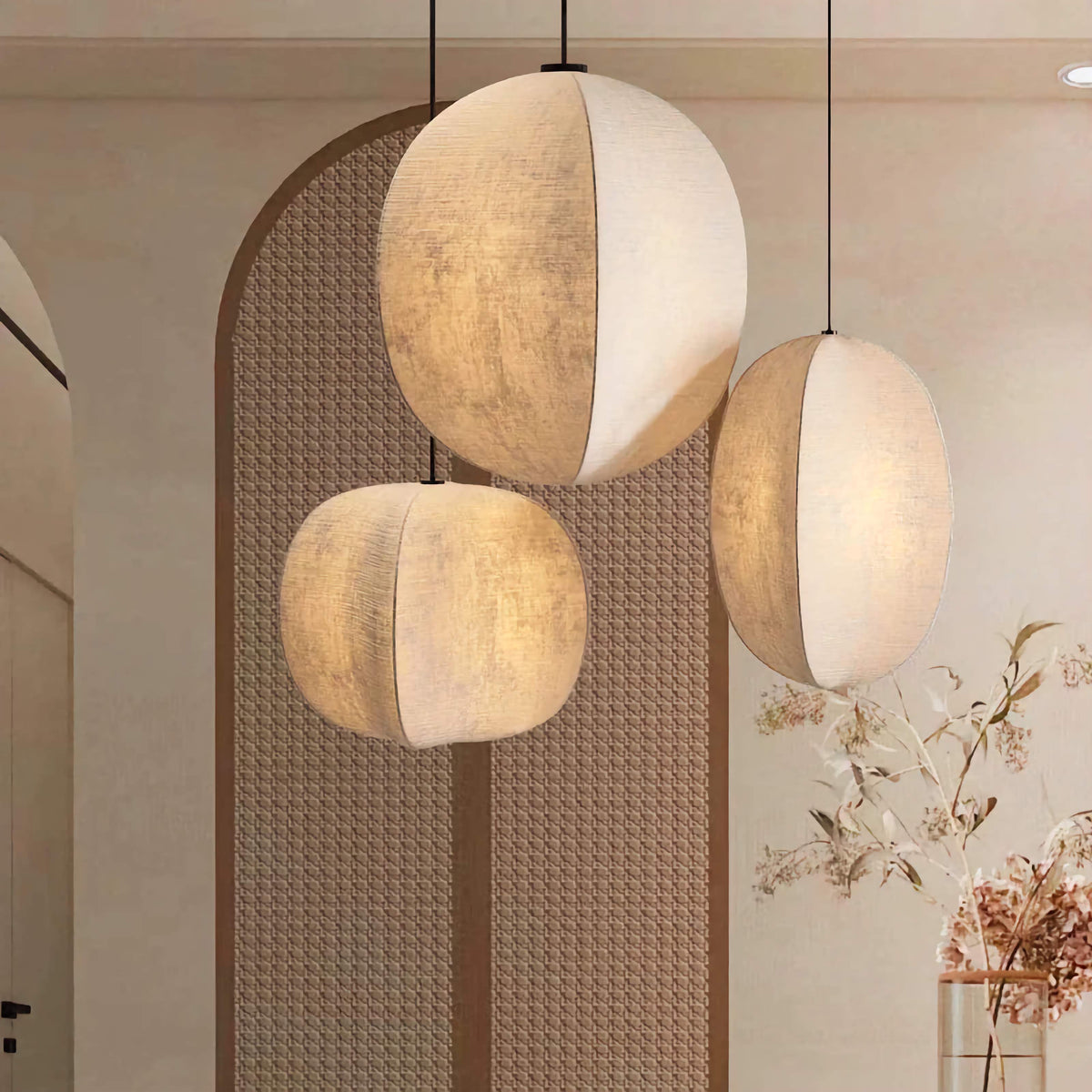 Fabric Globe Pendant Light Set for Kitchen Island Dining Room in Natural Beige Linen 12W LED Warm White Sphere Hanging Fixture Coastal Boho