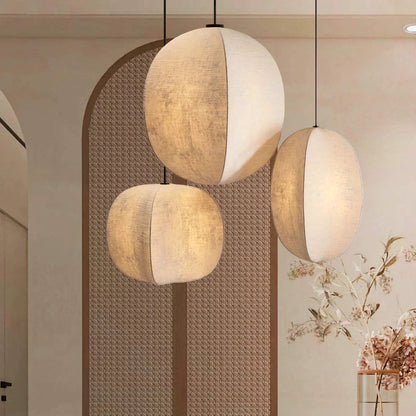 Fabric Globe Pendant Light Set for Kitchen Island Dining Room in Natural Beige Linen 12W LED Warm White Sphere Hanging Fixture Coastal Boho