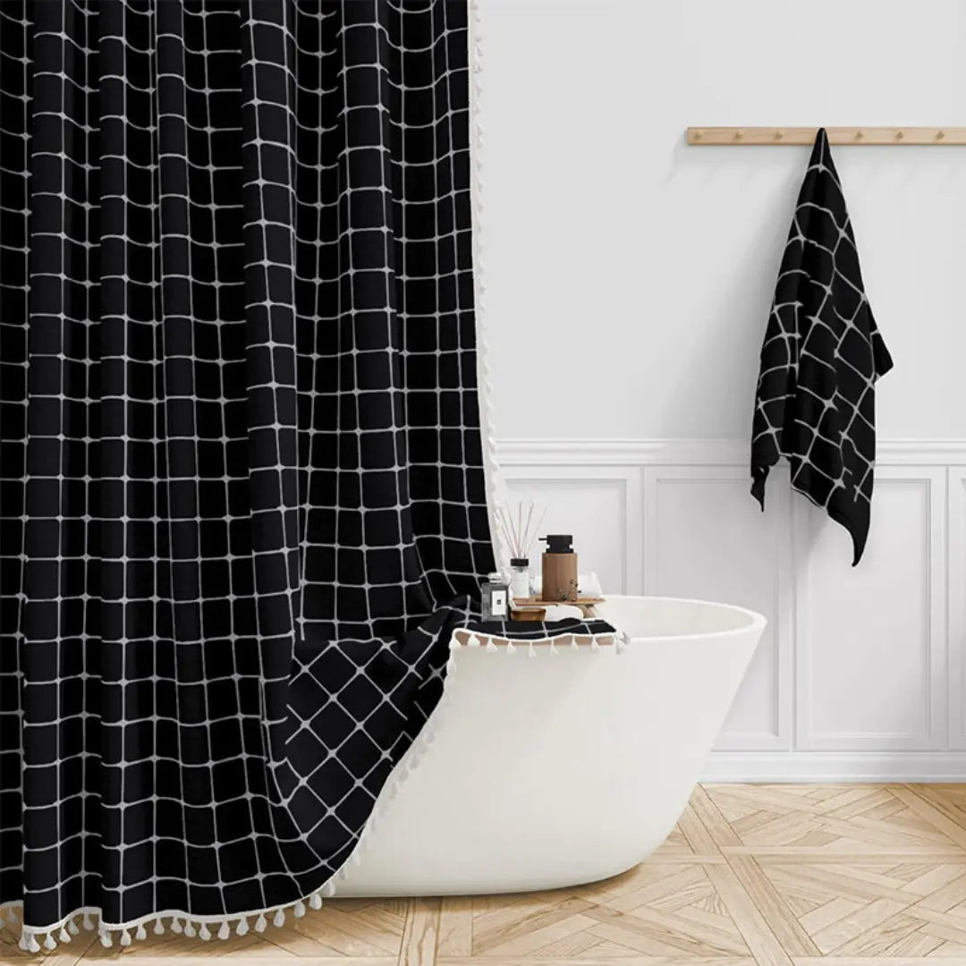 Textured Linen Shower Curtain with Tassel Trim – Waterproof Jacquard Fabric Bathroom Drape with Hooks – Boho Farmhouse Privacy Panel for