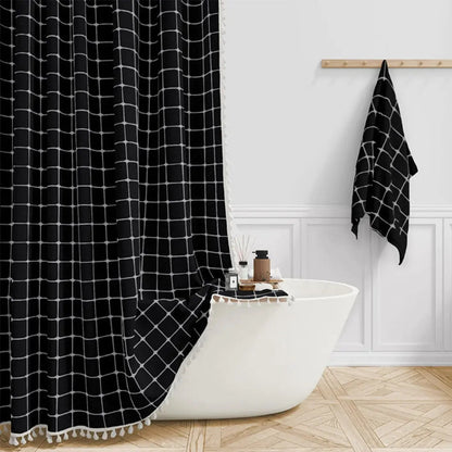 Textured Linen Shower Curtain with Tassel Trim – Waterproof Jacquard Fabric Bathroom Drape with Hooks – Boho Farmhouse Privacy Panel for