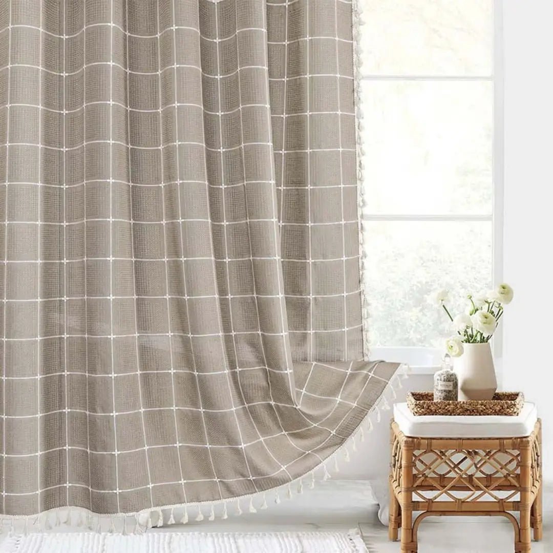 Textured Linen Shower Curtain with Tassel Trim – Waterproof Jacquard Fabric Bathroom Drape with Hooks – Boho Farmhouse Privacy Panel for