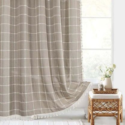 Textured Linen Shower Curtain with Tassel Trim – Waterproof Jacquard Fabric Bathroom Drape with Hooks – Boho Farmhouse Privacy Panel for