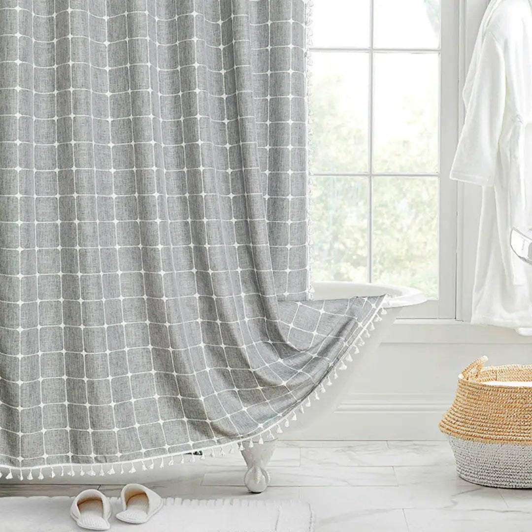 Textured Linen Shower Curtain with Tassel Trim – Waterproof Jacquard Fabric Bathroom Drape with Hooks – Boho Farmhouse Privacy Panel for