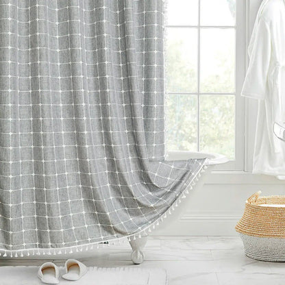 Textured Linen Shower Curtain with Tassel Trim – Waterproof Jacquard Fabric Bathroom Drape with Hooks – Boho Farmhouse Privacy Panel for
