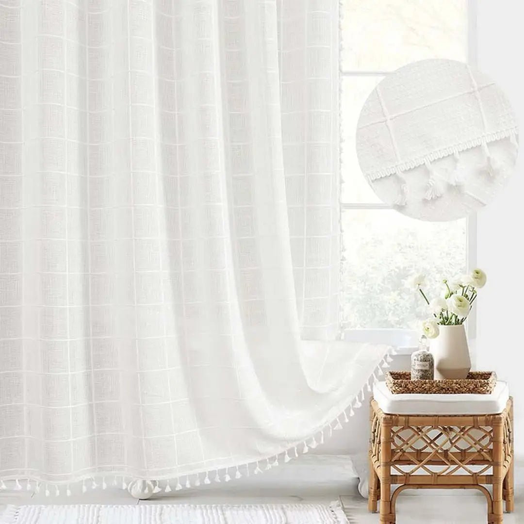 Textured Linen Shower Curtain with Tassel Trim – Waterproof Jacquard Fabric Bathroom Drape with Hooks – Boho Farmhouse Privacy Panel for