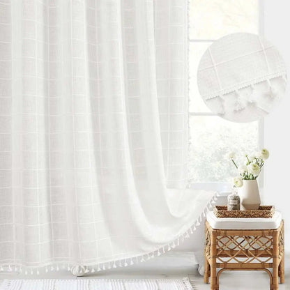 Textured Linen Shower Curtain with Tassel Trim – Waterproof Jacquard Fabric Bathroom Drape with Hooks – Boho Farmhouse Privacy Panel for