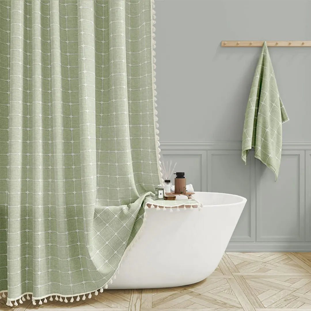 Textured Linen Shower Curtain with Tassel Trim – Waterproof Jacquard Fabric Bathroom Drape with Hooks – Boho Farmhouse Privacy Panel for