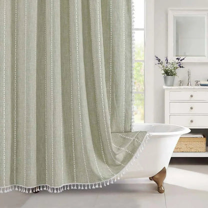 Textured Linen Shower Curtain with Tassel Trim – Waterproof Jacquard Fabric Bathroom Drape with Hooks – Boho Farmhouse Privacy Panel for