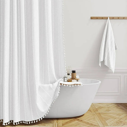Textured Linen Shower Curtain with Tassel Trim – Waterproof Jacquard Fabric Bathroom Drape with Hooks – Boho Farmhouse Privacy Panel for