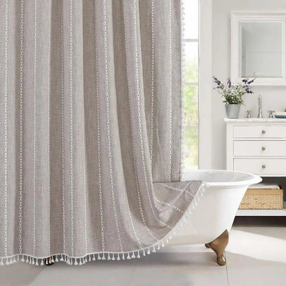 Textured Linen Shower Curtain with Tassel Trim – Waterproof Jacquard Fabric Bathroom Drape with Hooks – Boho Farmhouse Privacy Panel for