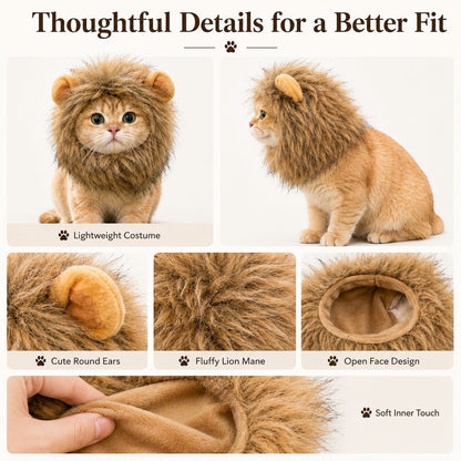 Ortekor Soft Lion Mane Pet Headpiece for Cats & Small Dogs - Easy Open-Face Costume for Halloween Photos, Pet Parties & Outdoor Fun