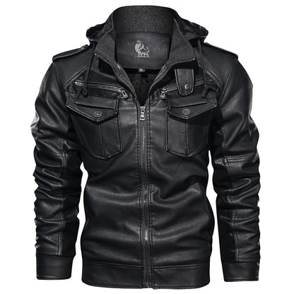 Men's Hooded Faux Leather Moto Jacket - Removable Hood, Water-Resistant PU Coat for Fall & Winter