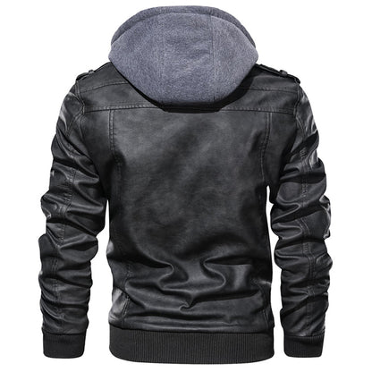Men's Hooded Faux Leather Moto Jacket with Removable Hood – Waterproof & Scratch-Resistant Outerwear for All Seasons