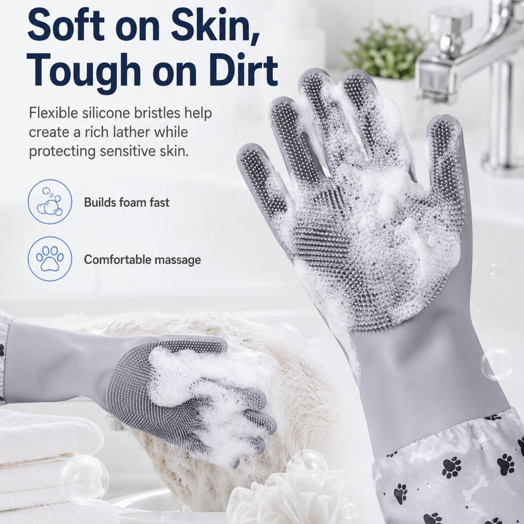 Ortekor Long-Sleeve Pet Bath & Grooming Gloves for Cats & Dogs - Cleaner Baths, Gentle Deshedding & Massage