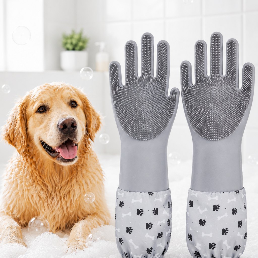 Ortekor Long-Sleeve Pet Bath & Grooming Gloves for Cats & Dogs - Cleaner Baths, Gentle Deshedding & Massage