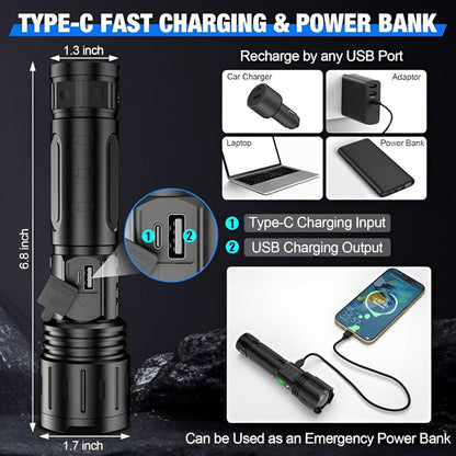 Rechargeable High-Output Tactical Flashlight with USB Power Bank – 5-Mode Zoomable LED Torch for Camping, Emergencies & Outdoor Adventures