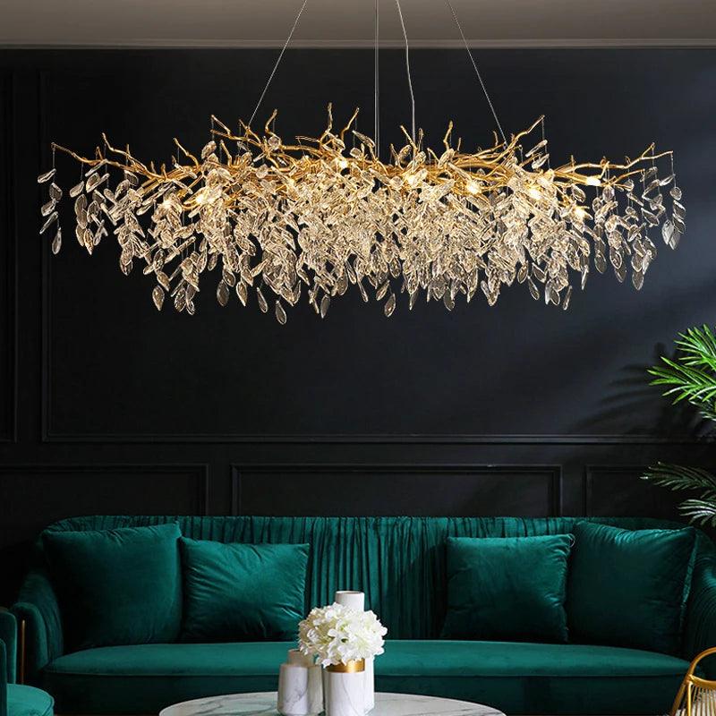 Modern Crystal Chandelier LED Light Fixture G9 Gold Silver Rectangular Suspended Illumination Dining Room Statement Piece Interior Décor
