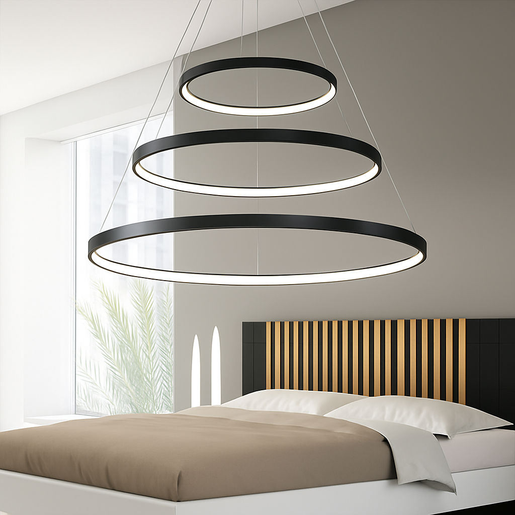 Modern LED Ring Ceiling Light with Nested Circles & Aluminum Finish for Dining Room, Bedroom & Living Room