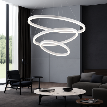 Multi-Ring LED Ceiling Light Fixture Black Steel Hanging Chandelier for Dining Room Living Space Adjustable Height Contemporary Circle Desig