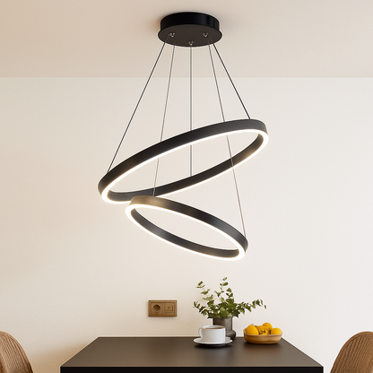 Multi-Ring LED Ceiling Light Fixture Black Steel Hanging Chandelier for Dining Room Living Space Adjustable Height Contemporary Circle Desig
