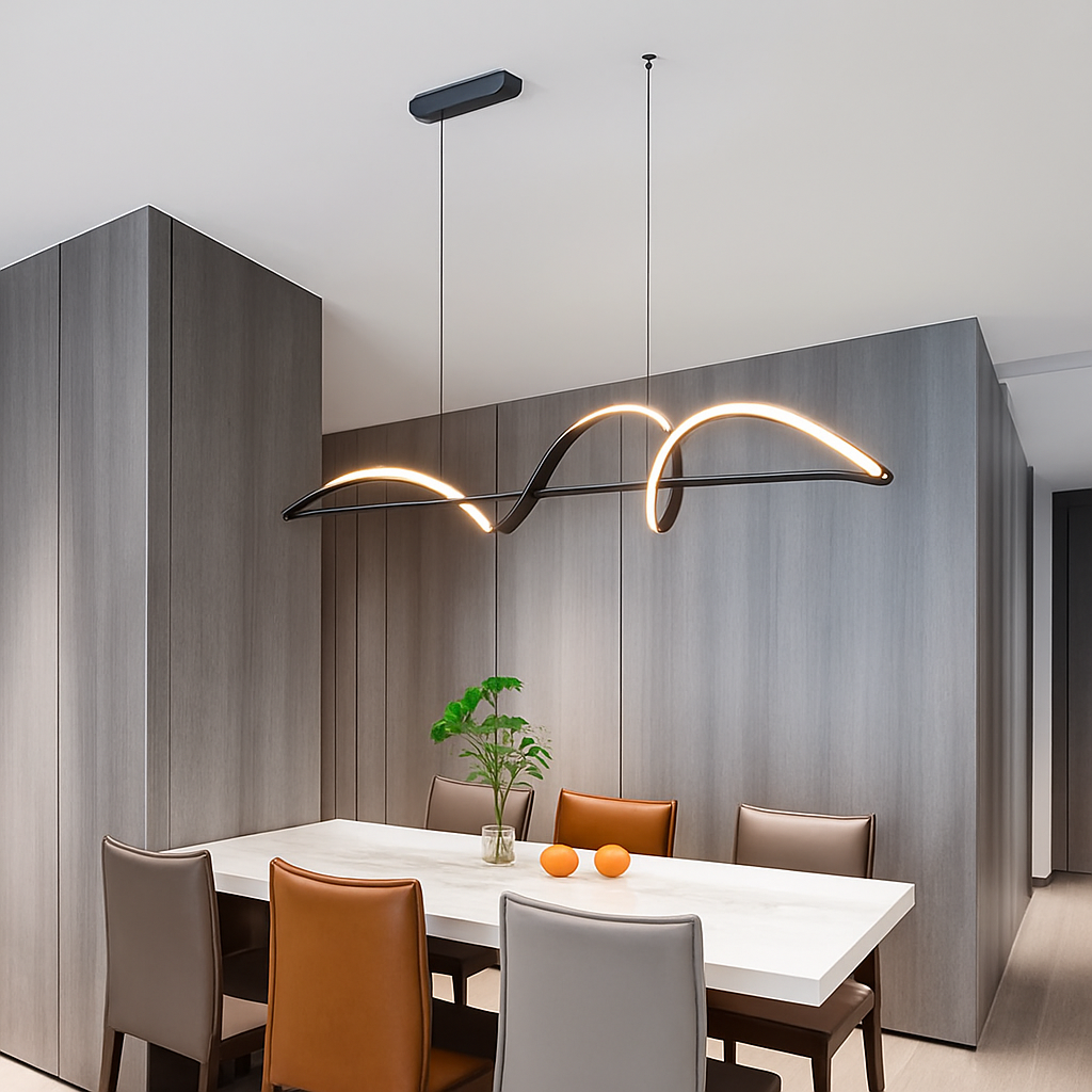 Linear LED Hanging Light for Dining Room Black Alloy Dimmable Ceiling Fixture 162-323 sq ft Coverage Modern Wave Design for Kitchen Island L