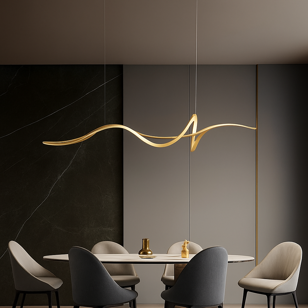 Linear LED Hanging Light for Dining Room Black Alloy Dimmable Ceiling Fixture 162-323 sq ft Coverage Modern Wave Design for Kitchen Island L