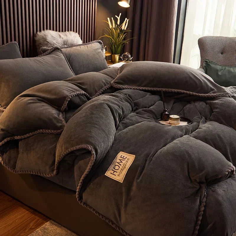 Soft Fleece Comforter Cover Set Winter Warm Bedding Queen King Gray Pink Beige Black for Bedroom Cold Weather Cozy Night Sleep