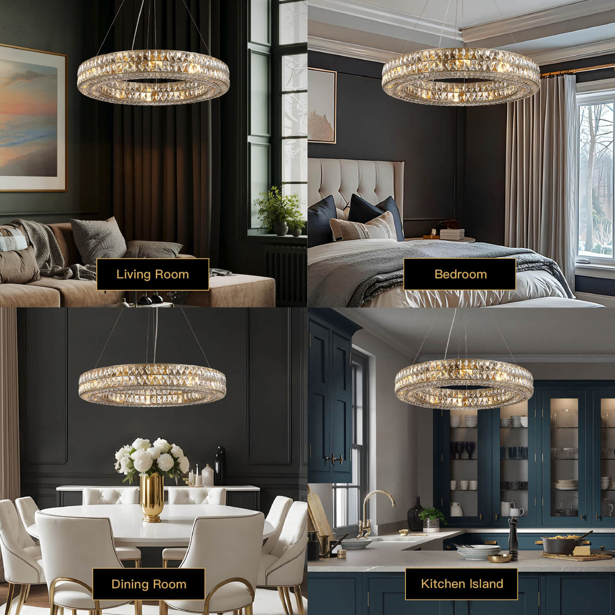 Double-Ring Crystal Chandelier in Gold or Silver Finish – Contemporary Candelabra-Style Hanging Light for Dining Room & Kitchen Island – 3