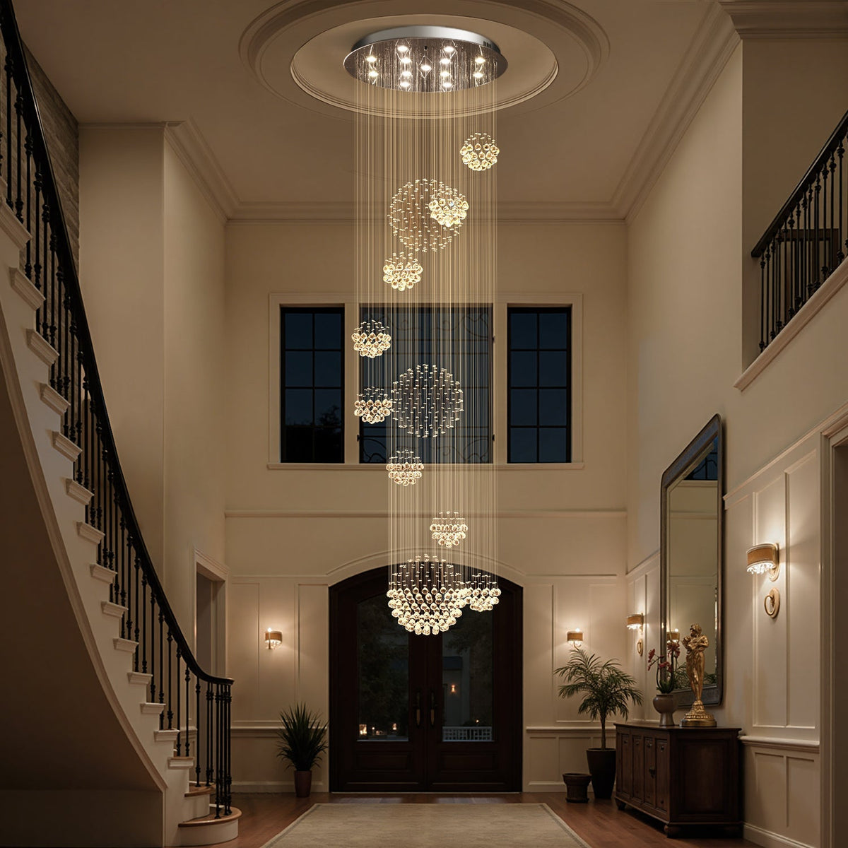 Orbital Raindrop Crystal Chandelier with Multi-Tier Chrome Frame for Stairwells & High Ceilings