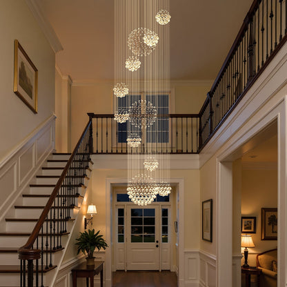 Orbital Raindrop Crystal Chandelier with Multi-Tier Chrome Frame for Stairwells & High Ceilings