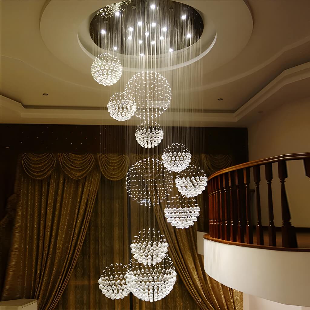 Orbital Raindrop Crystal Chandelier with Multi-Tier Chrome Frame for Stairwells & High Ceilings