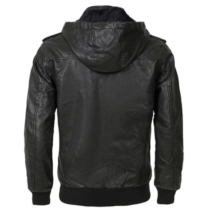 Men's Hooded Faux Leather Jacket – Water-Resistant Moto Coat with Removable Hood for Everyday Wear