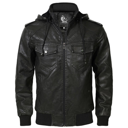 Men's Hooded Faux Leather Jacket – Water-Resistant Moto Coat with Removable Hood for Everyday Wear