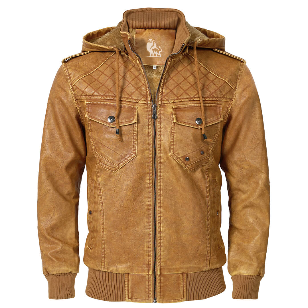 Men's Faux Leather Jacket with Removable Hood – Classic Motorcycle Style Coat for Fall & Winter